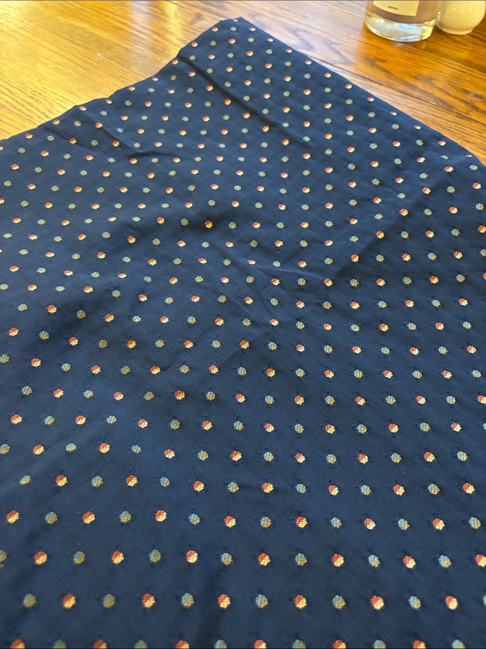 Navy Fabric with Red and Gold, Blue and Green Dot Jacquard
